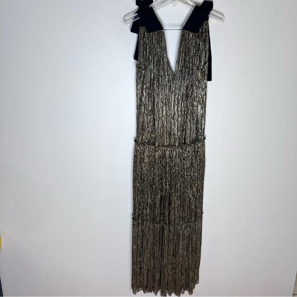 Sabina Musayev Ray Metallic Gold Tiered Maxi Dress Bow Tie Sz M - Picture 4 of 10